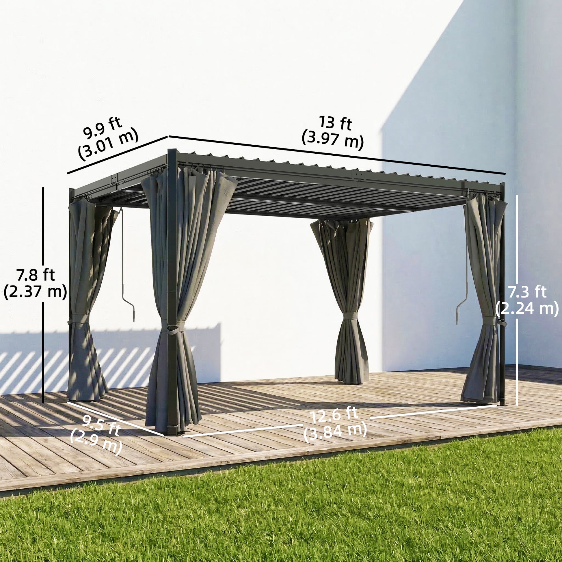 10 x 13 ft Louvered Pergola with Steel Roof, Curtains, Outdoor Metal Pergola Gazebo with Drainage Gutters, Grey