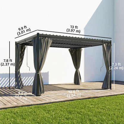 10 x 13 ft Louvered Pergola with Steel Roof, Curtains, Outdoor Metal Pergola Gazebo with Drainage Gutters, Grey