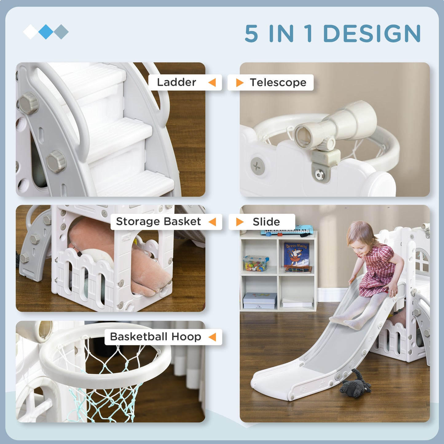 Qaba 5 in 1 Toddler Slide with Basketball Hoop, Climber, Telescope, Storage Basket, for 1-3 Years Kids Indoor Use, Grey