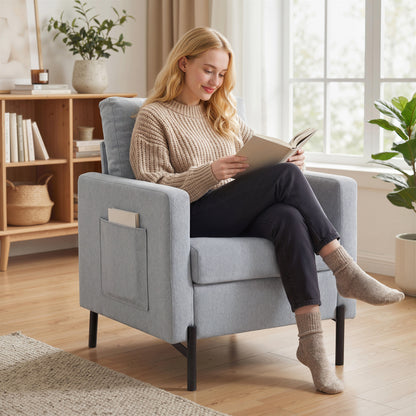 Accent Chair Modern Upholstered Armchair with Side Pockets and Cushion for Bedroom, Living Room, Light Grey