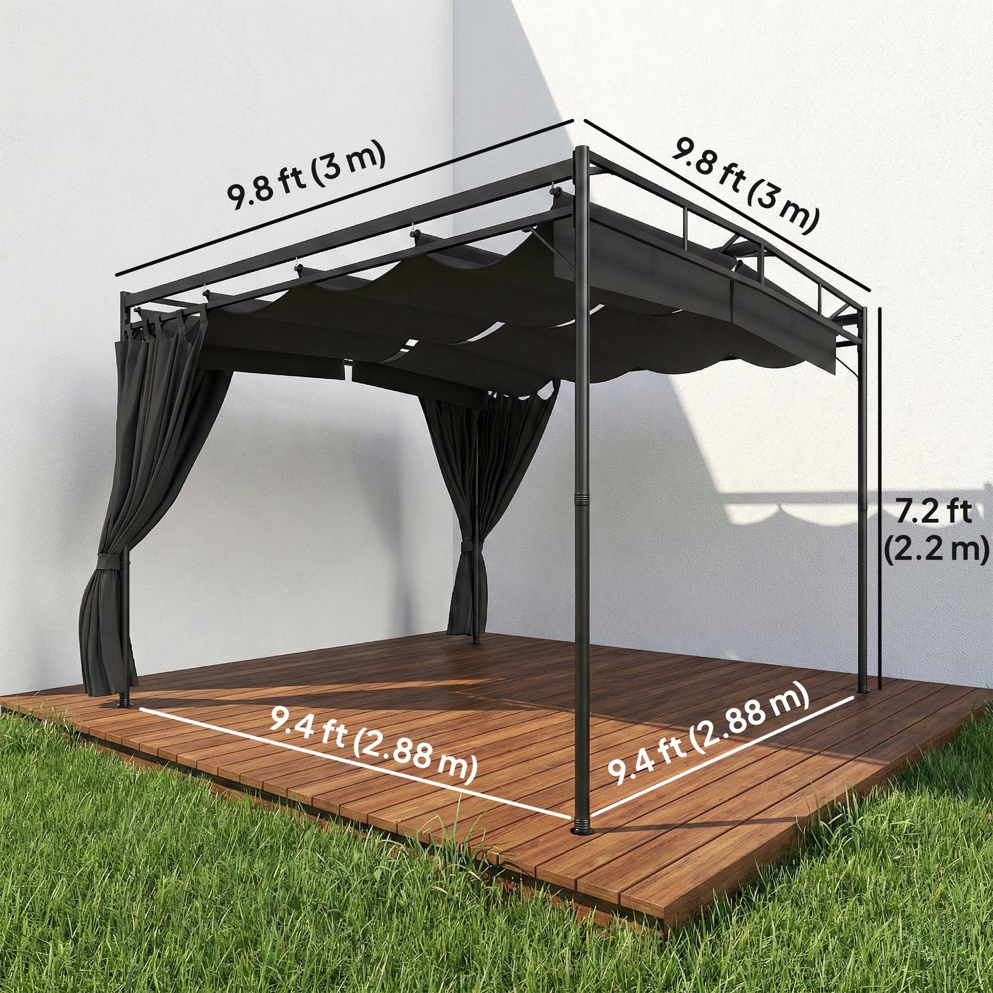 10' x 10' Retractable Pergola Canopy, Outdoor Pergola with Curtains, Metal Garden Gazebo Sun Shade Shelter for Patio