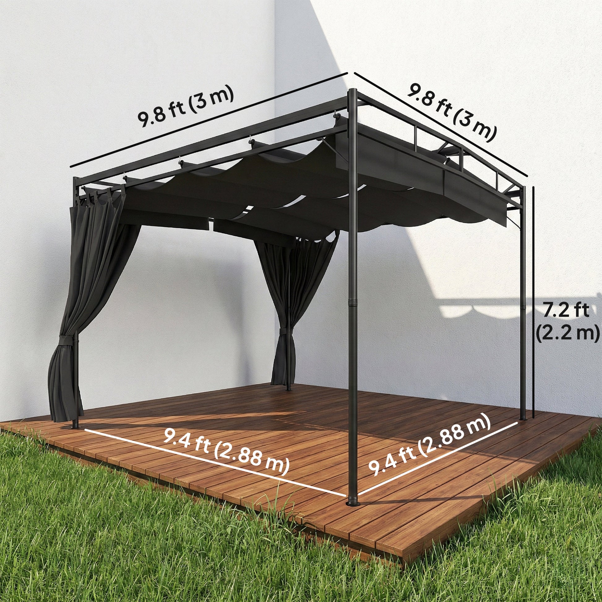 10' x 10' Retractable Pergola Canopy, Outdoor Pergola with Curtains, Metal Garden Gazebo Sun Shade Shelter for Patio