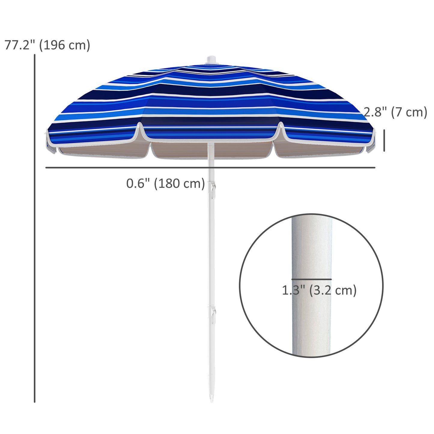 70.9" Dia. Portable Beach Umbrella, UV 50+ Ruffled Outdoor Umbrella with Adjustable Tilt Multicolor
