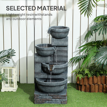 30" Tall Outdoor Water Fountain with LED Lights, 4-Tier Resin Cascading Bowls Garden Fountain Waterfall Fountain with Pump, Grey