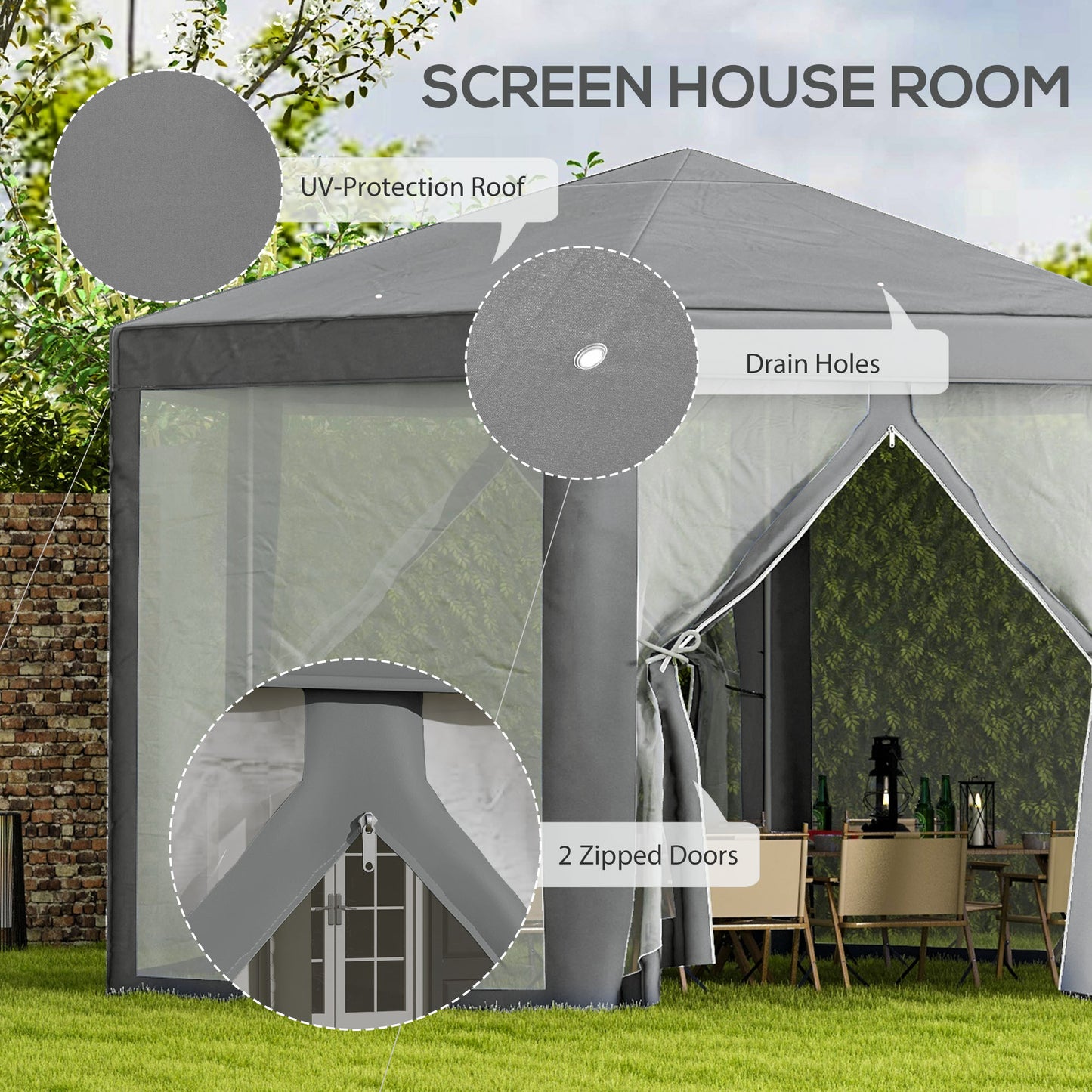 Hexagon Party Tent, Patio Gazebo with Netting Mesh, Light Grey