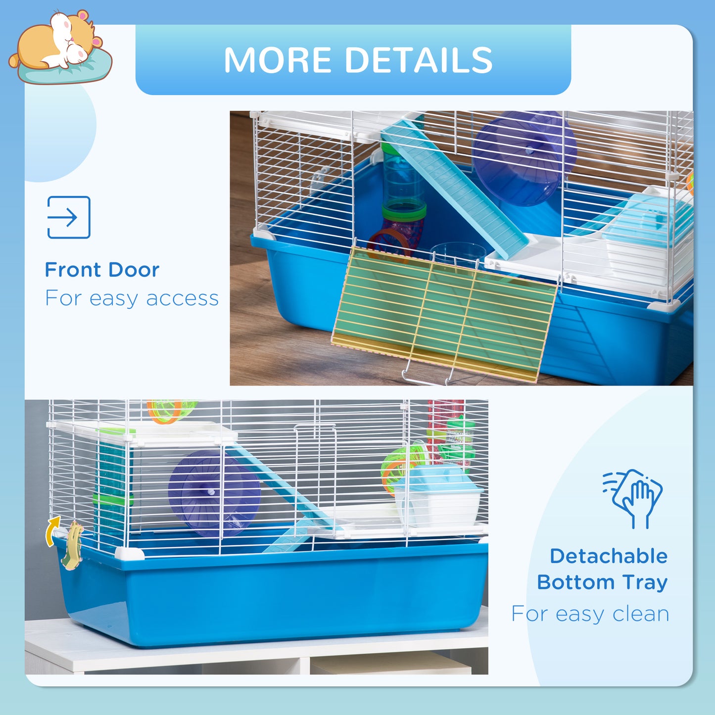 3-Tier Large Toy-Filled Steel Small Animal Cage, Includes Exercise Wheel, Water Bottle, Food Dish, Blue