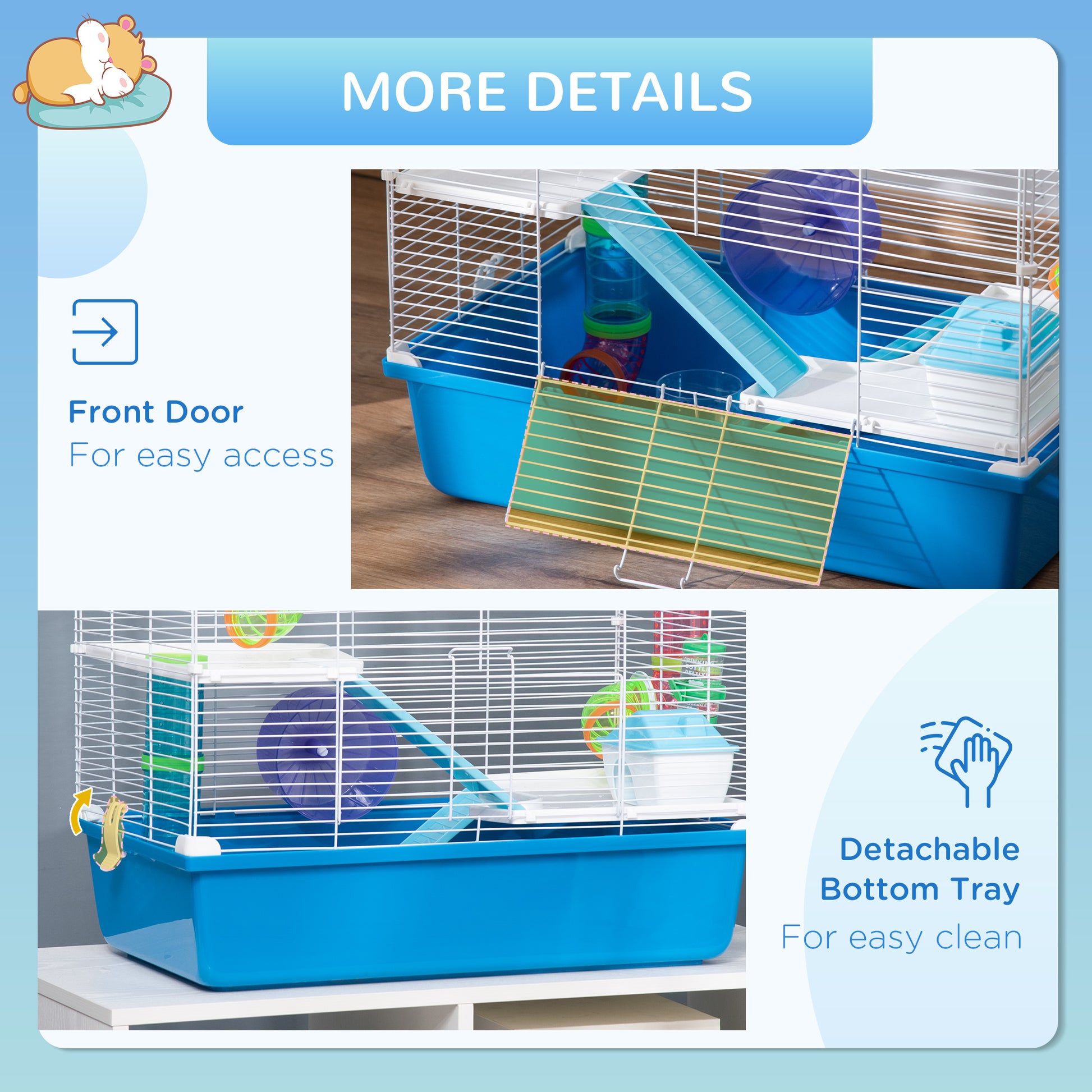 3-Tier Large Toy-Filled Steel Small Animal Cage, Includes Exercise Wheel, Water Bottle, Food Dish, Blue