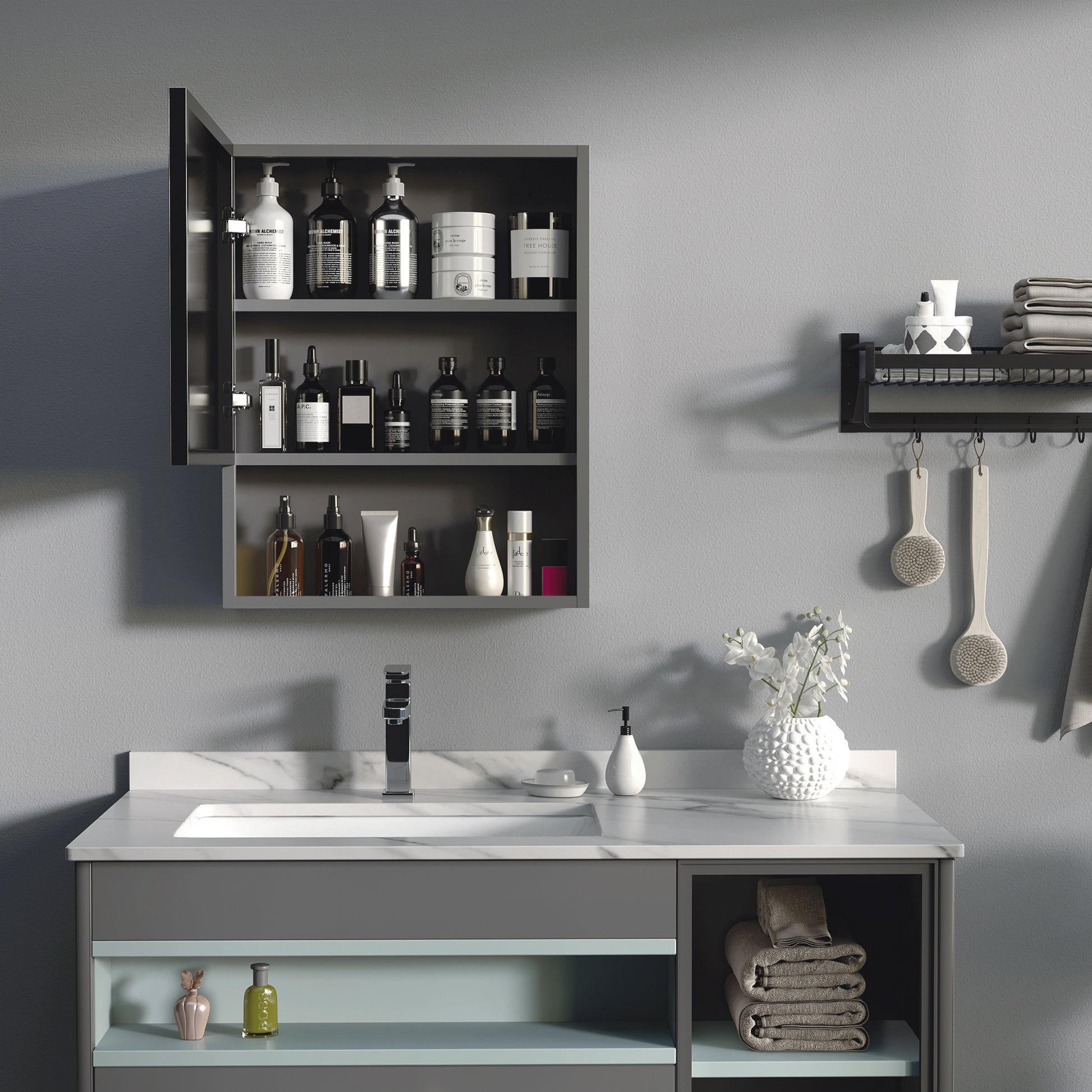 Bathroom Medicine Cabinet, Wall-Mounted Mirror Cabinet with Single Door, Storage Shelves and Stainless Steel Frame for Laundry Room, Black