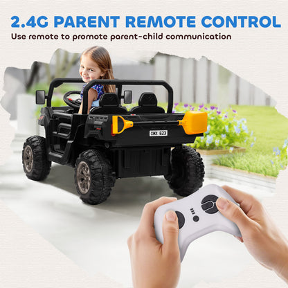 Aosom 12V Ride on Car with Electric Bucket, Two-Seater, Shovel, Remote Control, Spring Suspension, Horn, Music, Black