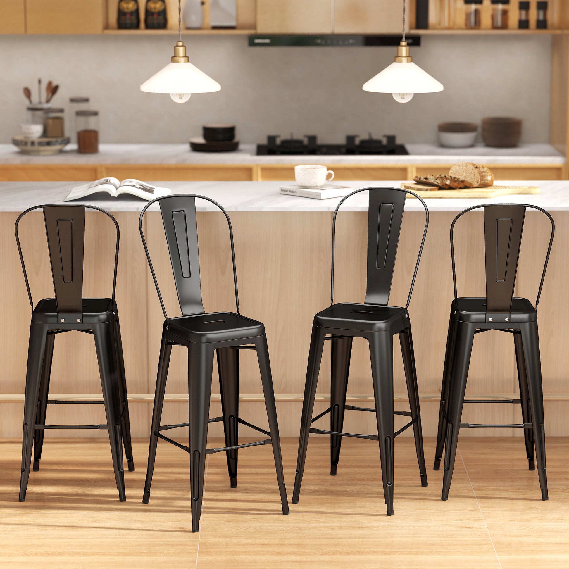 24" Set of 4 Bar Stools Kitchen Industrial Breakfast Bistro Cafe Metal Frame Black