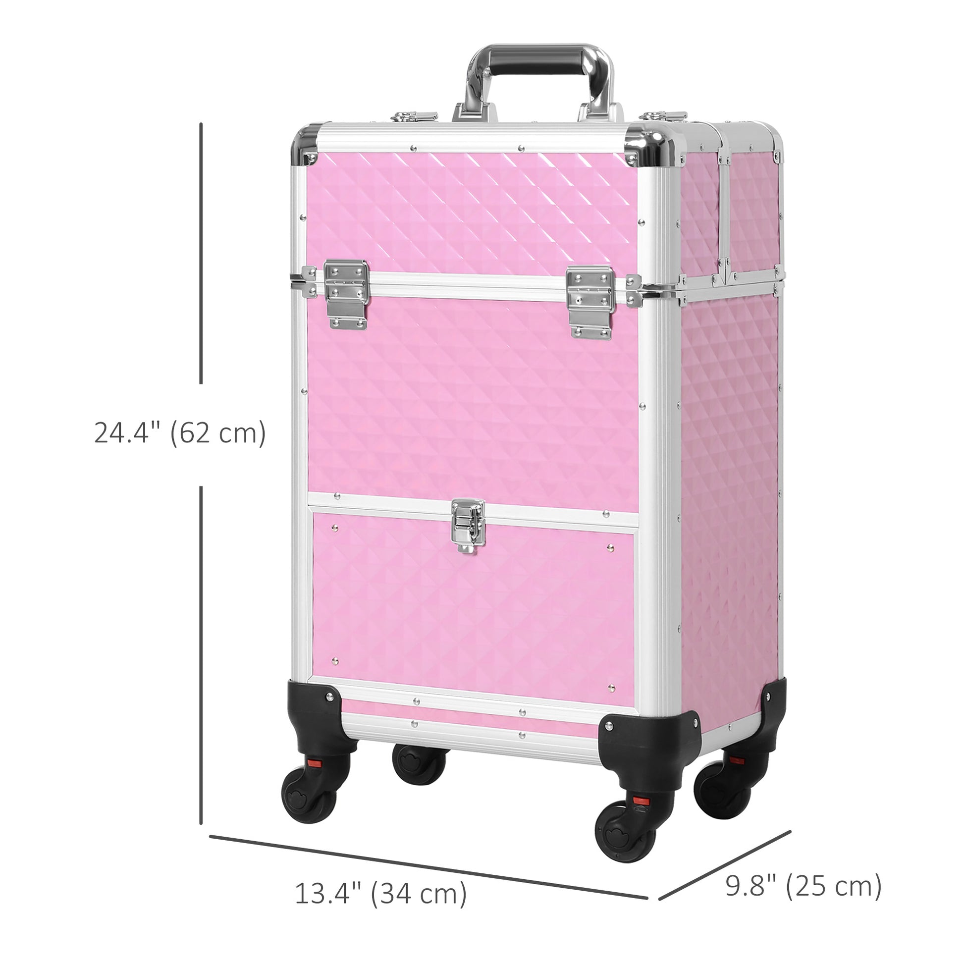 Portable Aluminum Makeup Train Cases, Rolling Makeup Case, Salon Beauty Cosmetic Jewelry Organizer Trolley with 4 Wheels, Pink