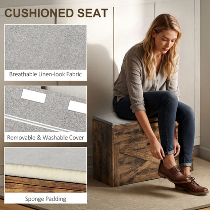 Shoe Storage Bench with Flip Drawer and Lift Top Storage, Entryway Bench with Seat Cushion for Hallway, Rustic Brown