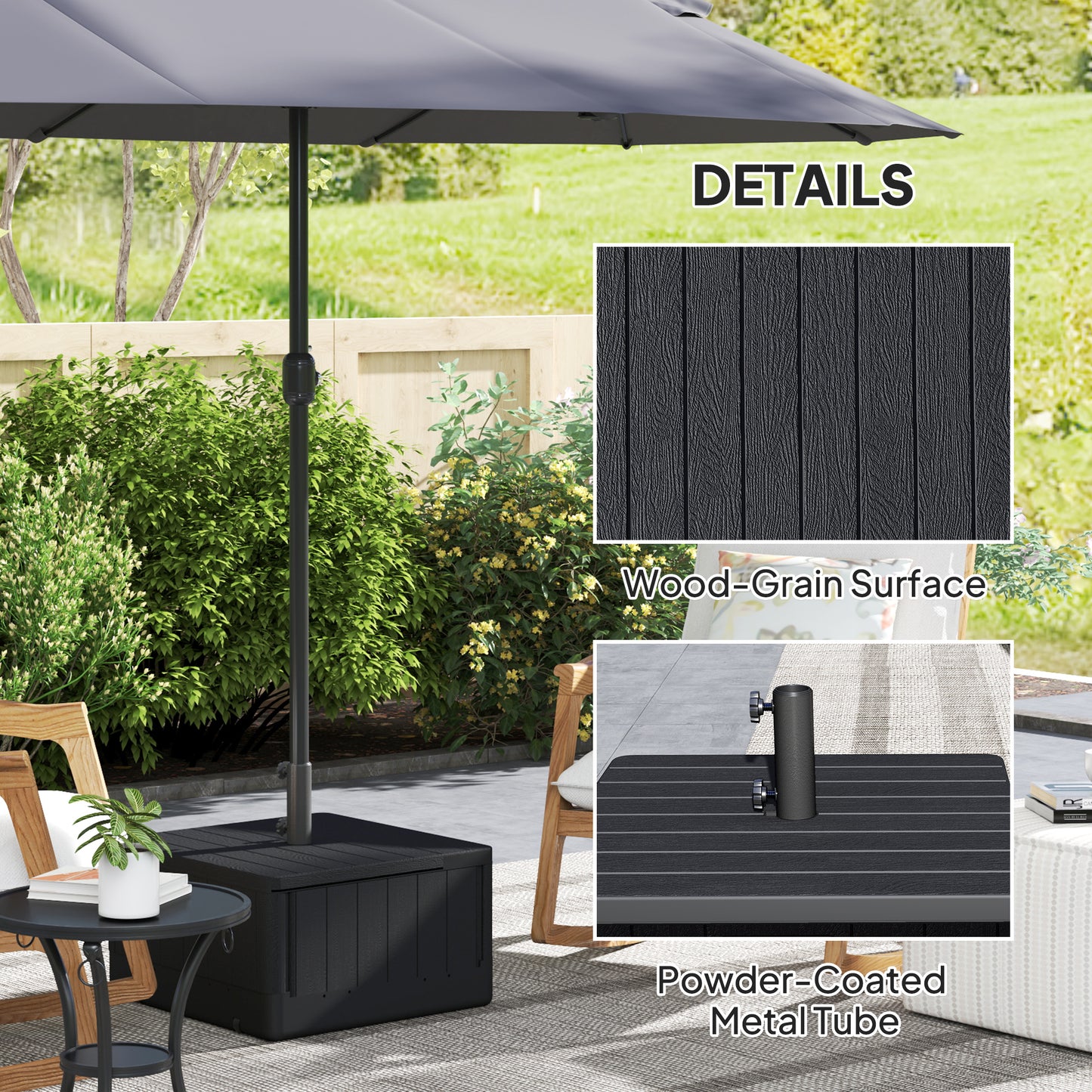 3-in-1 Patio Umbrella Base, Coffee End Table, Flower Box Planter with Wheels Handles, Square Plastic 176lb Stand/110lb Water Fillable Outdoor Garden Umbrella Stand, Black