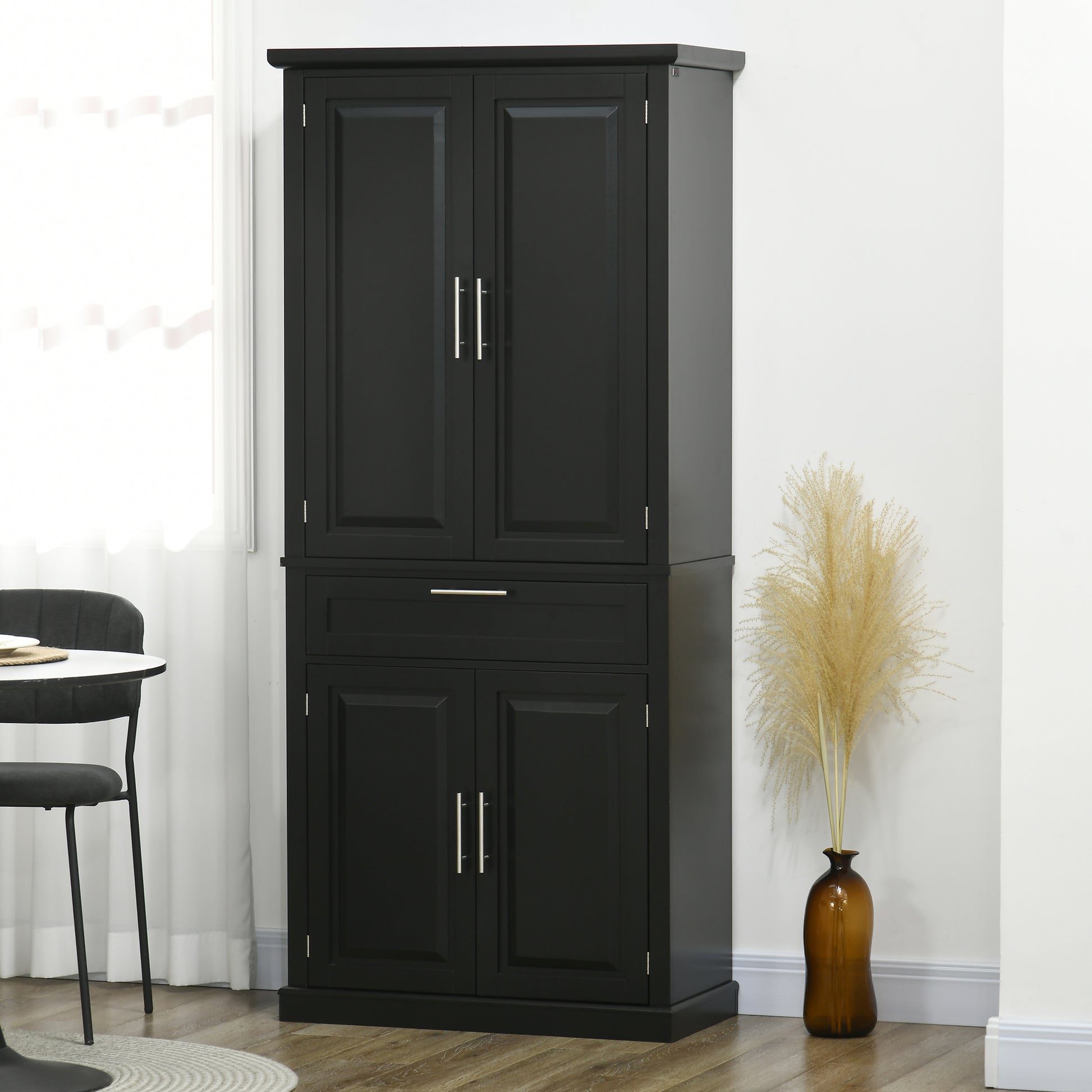 72" Kitchen Pantry Cabinet, Freestanding Storage Cabinet, 4-Door Cabinet with Drawer and Adjustable Shelves, Black