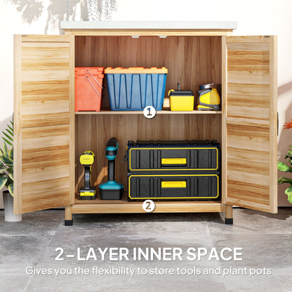 Garden Storage Cabinet, Outdoor Potting Bench Table with Metal Tabletop, Shelf and Double Doors, Natural