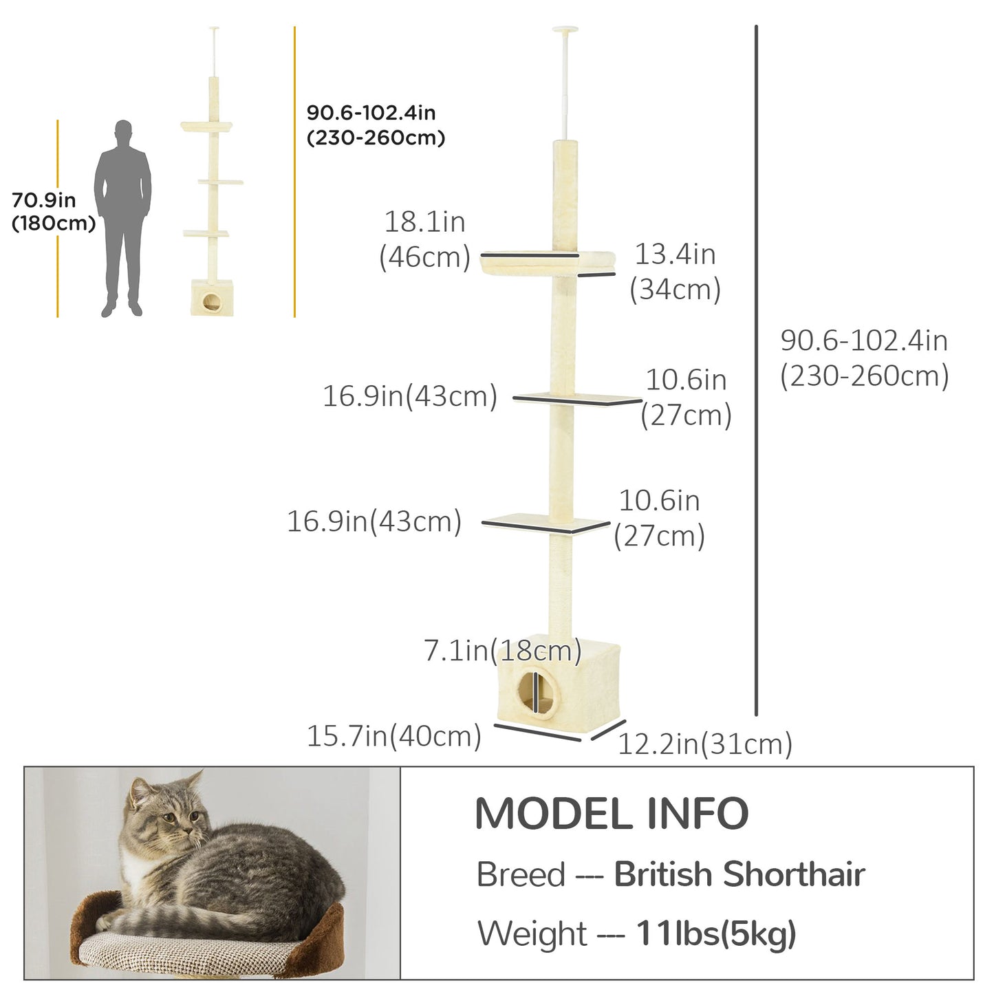 Floor to Ceiling Cat Tree with Scratching Post for Indoor Cats, Adjustable Height Cat Tower (91-102 Inches) with House, Bed, Beige