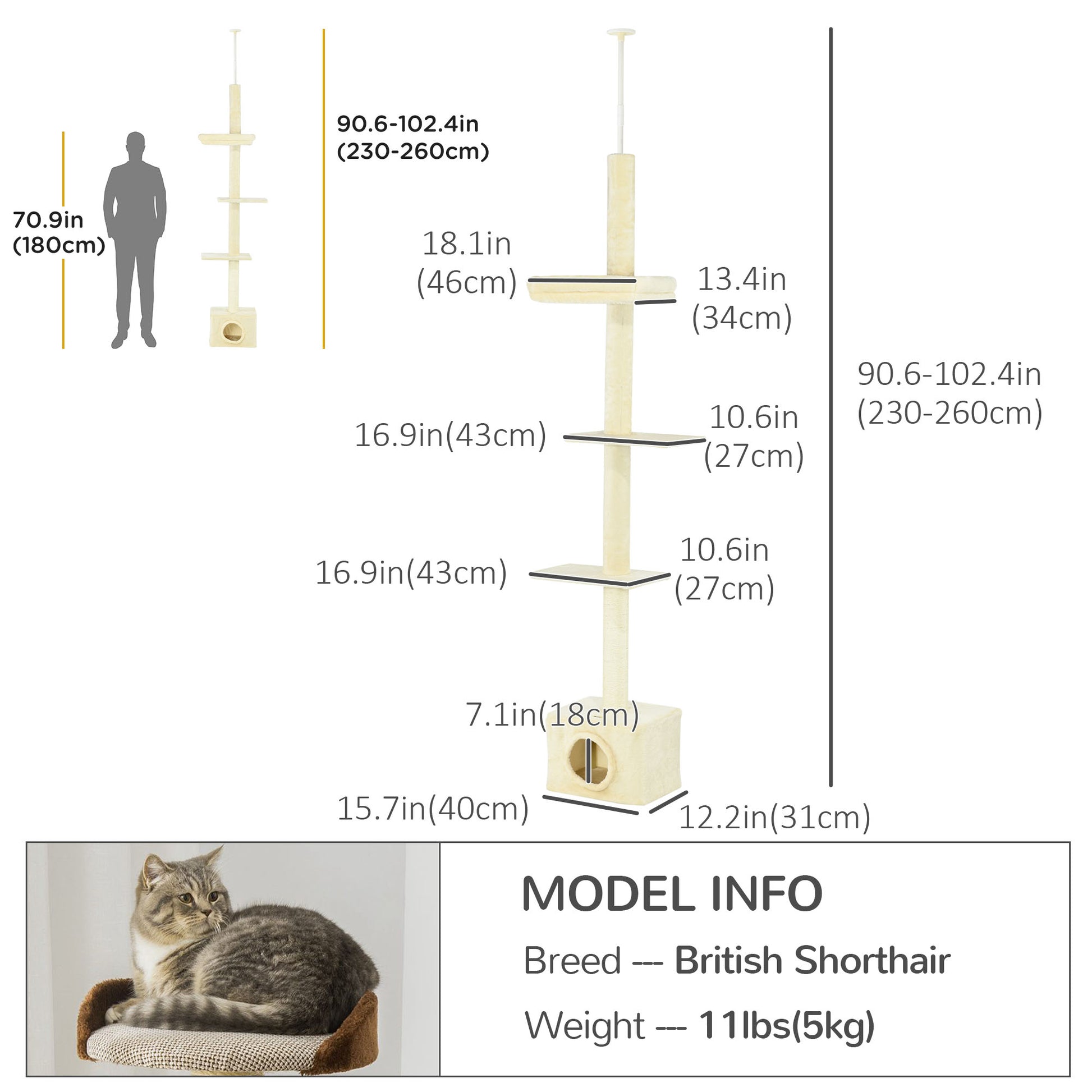 Floor to Ceiling Cat Tree with Scratching Post for Indoor Cats, Adjustable Height Cat Tower (91-102 Inches) with House, Bed, Beige