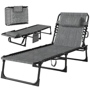 Outdoor Folding Chaise Lounge, Reclining Lounge Chair with Adjustable Backrest and Removable Pillow, Mixed Grey