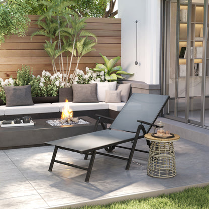 Outdoor Lounge Chair, 5-Level Adjustable Folding Chaise Chair with 2 Wheels for Backyard, Beach, Poolside, Grey