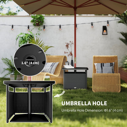 21.75" Outdoor Rattan Wicker Patio Coffee Table with Umbrella Hole, Patio Side Table with Slatted Metal Top, Black