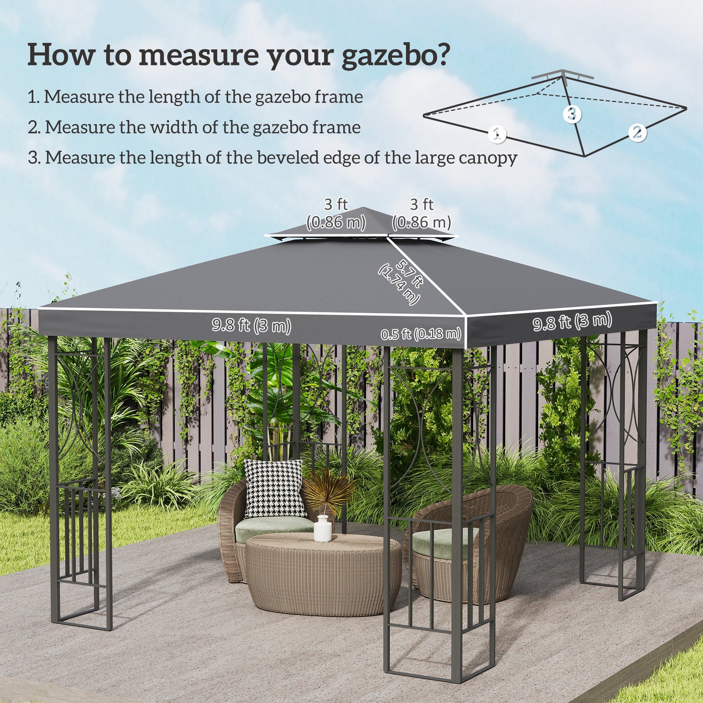 10' x 10' Square 2-Tier Gazebo Canopy Replacement Top Cover Outdoor Garden Sun Shade, Dark Grey