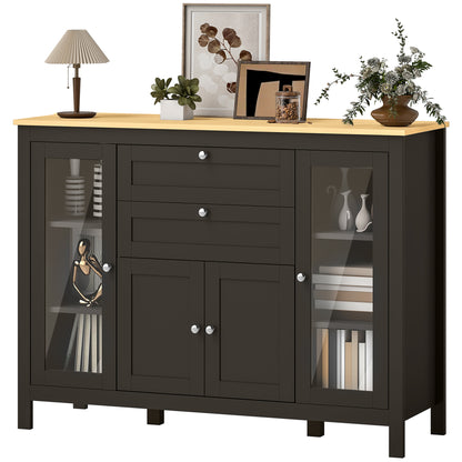 Buffet Cabinet Sideboard with 2 Drawers, 3 Storage Cabinets, Glass Doors and Adjustable Shelves, Dark Brown