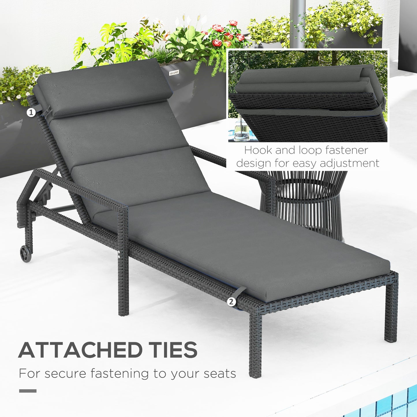 Patio Chaise Lounge Chair Cushions Replacement Sun Lounger Pads with Headrest and Ties, Set of 2, Grey