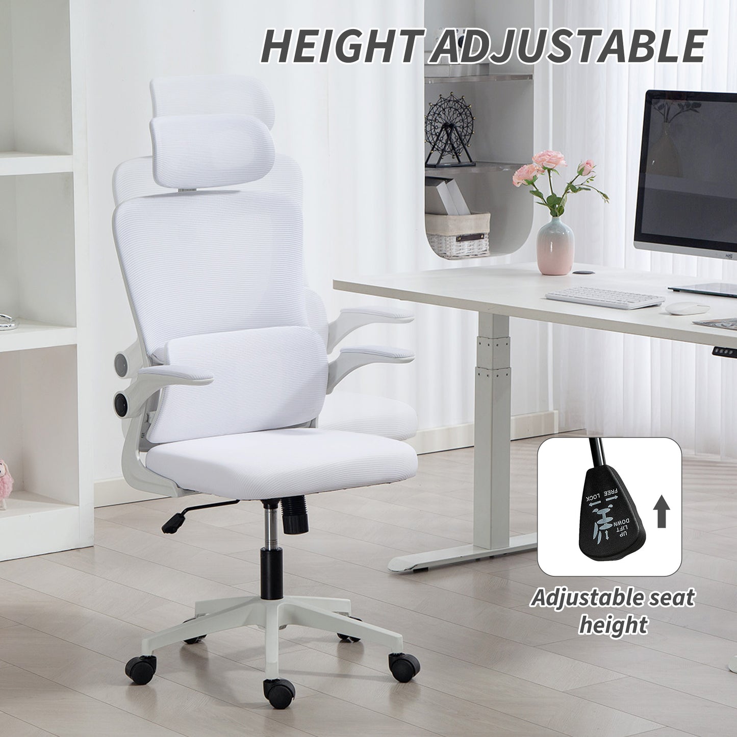 High Back Office Chair, Mesh Computer Chair with Rotatable Headrest, Lumbar Back Support, Adjustable Height, Cream White