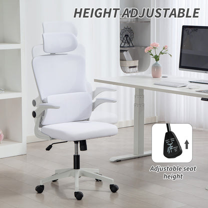 High Back Office Chair, Mesh Computer Chair with Rotatable Headrest, Lumbar Back Support, Adjustable Height, Cream White