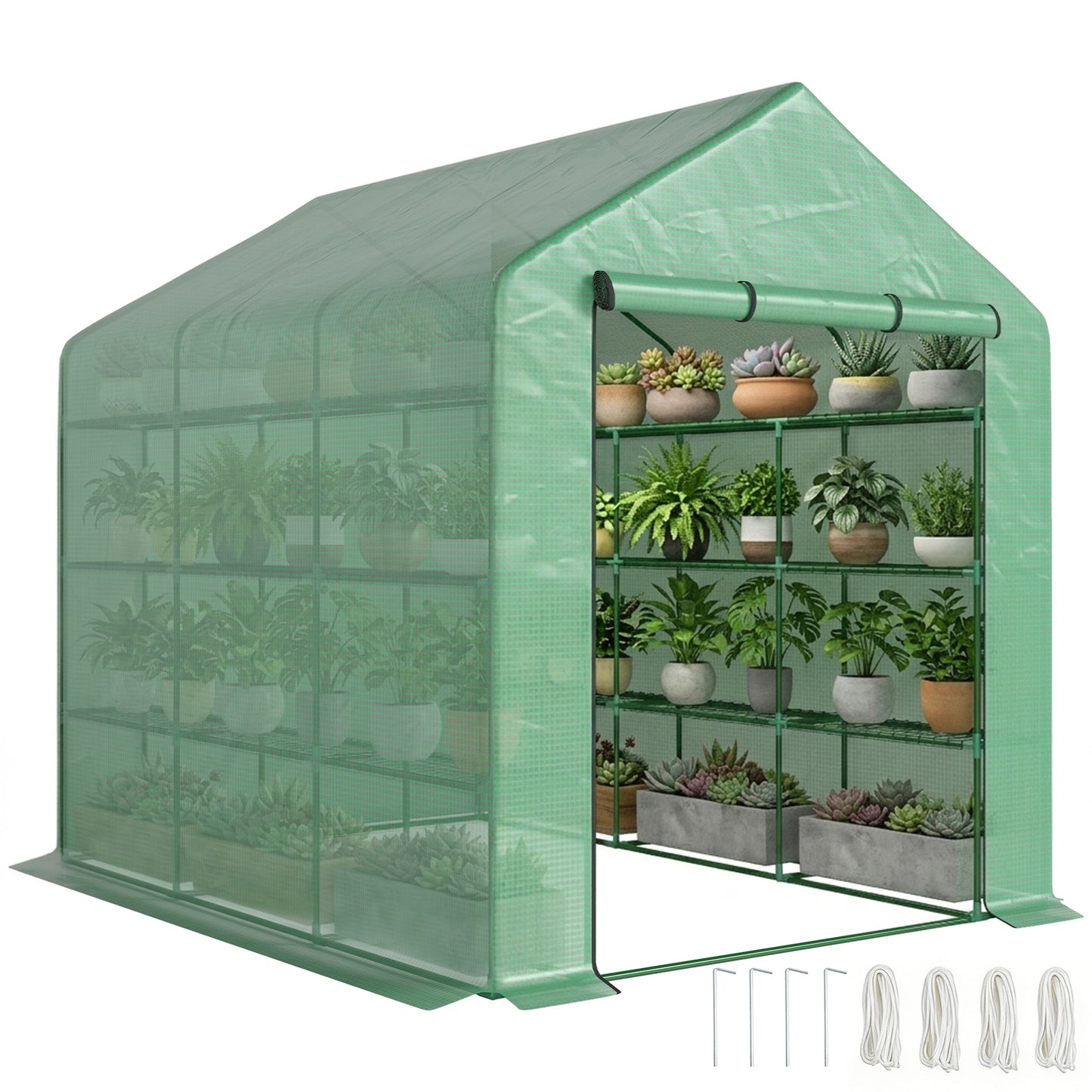 8' x 6' x 7' Portable Walk-In Greenhouse Hot House with 18 Shelves, Water/UV Resistant Weather Cover, & Roll Up Door