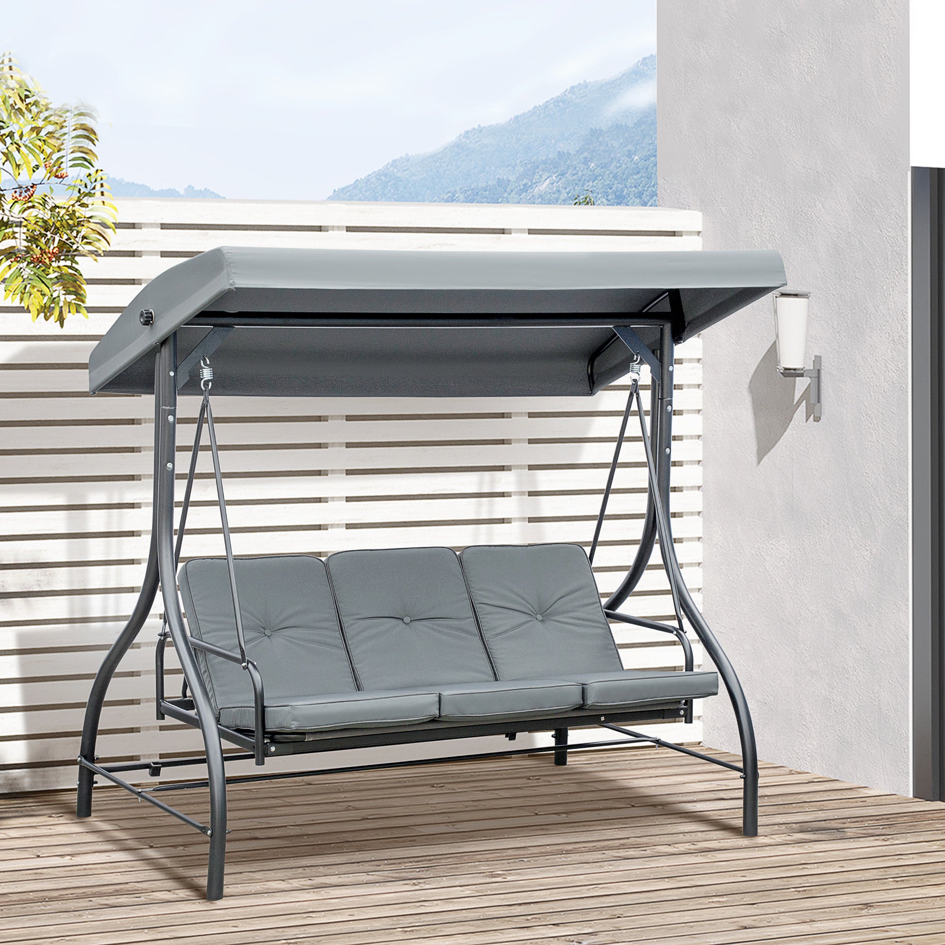 Convertible Patio Swing Bed with Canopy and Cushions, 3 Seater Porch Swing for Outdoor, Backyard, Garden, Dark Grey