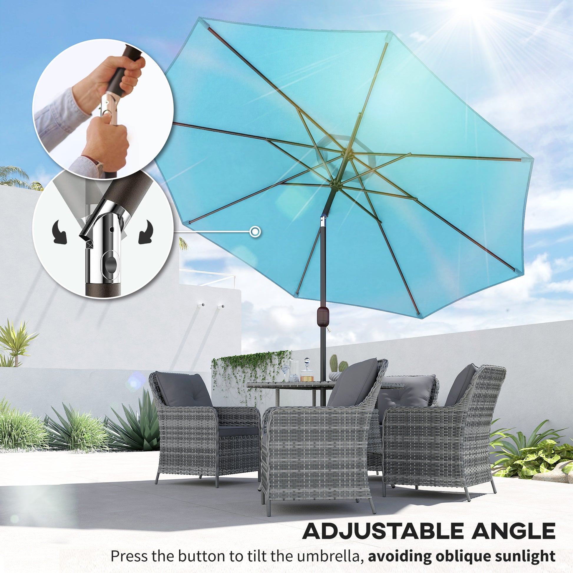 10' x 8' Round Market Umbrella, Patio Umbrella with Crank Handle and Tilt, Outdoor Parasol for Garden, Sky Blue