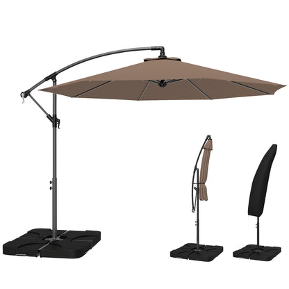 9.6ft Offset Patio Umbrella Garden Hanging Parasol Banana Cantilever Umbrella with Base, Crank, Coffee