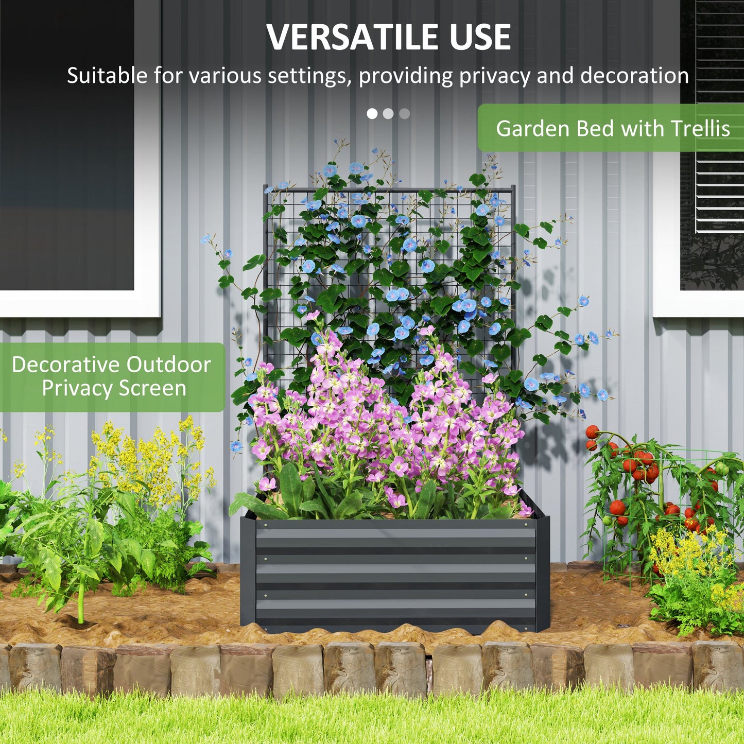 Galvanized Raised Garden Bed with Trellis for Climbing Plants, Outdoor Planter Box with Open Bottom, Dark Grey