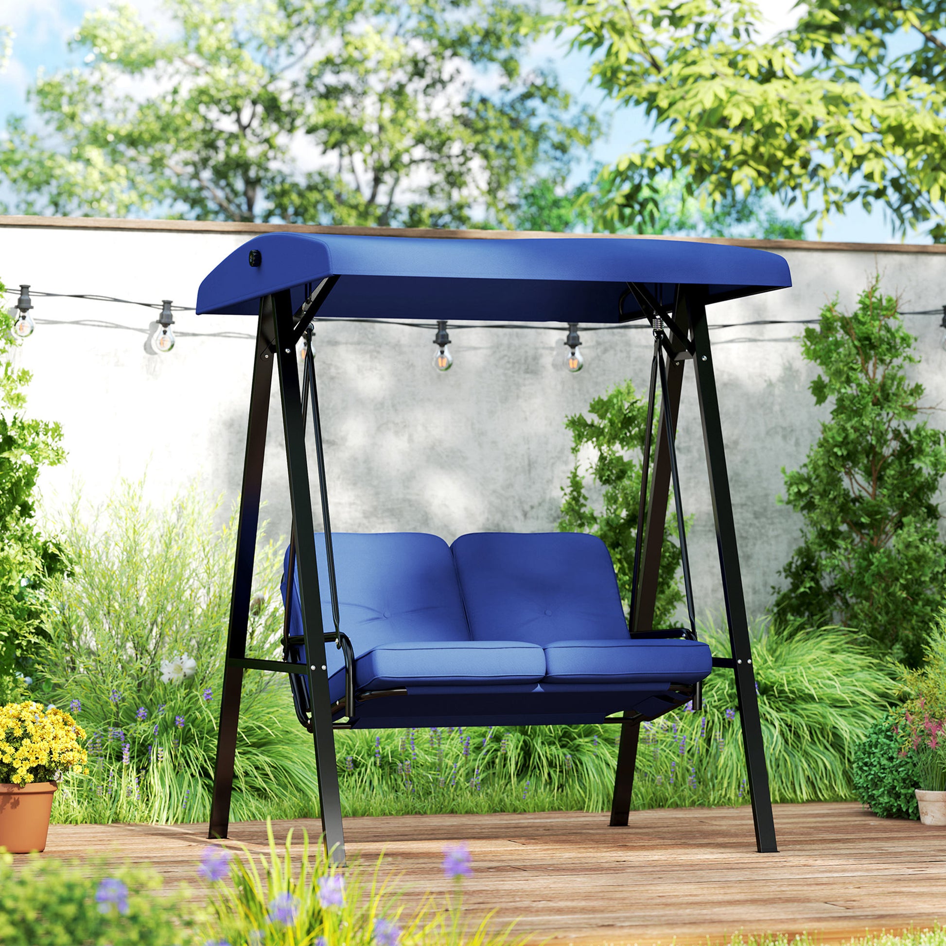 2-Seater Outdoor Porch Swing with Adjustable Canopy, Patio Swing Chair for Garden, Poolside, Backyard, Dark Blue