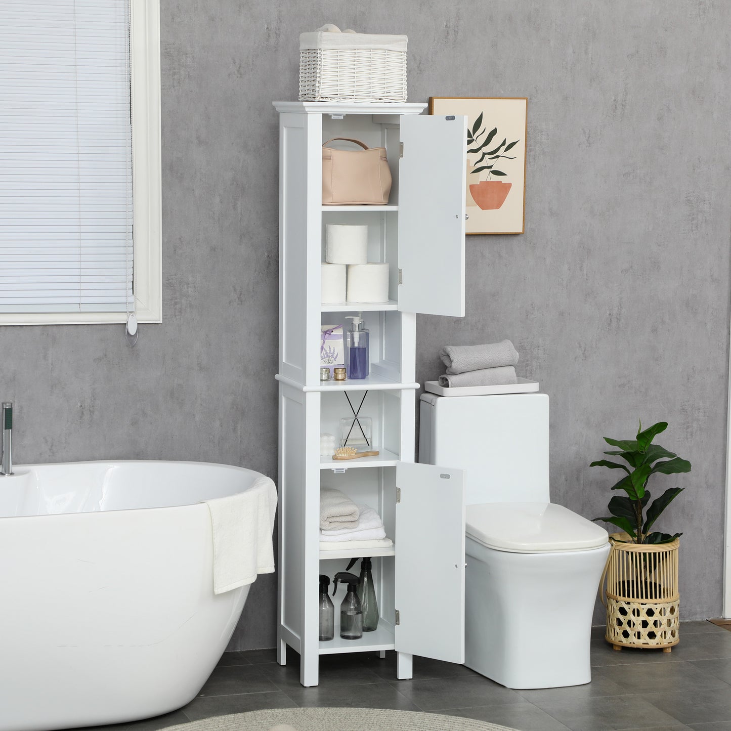 Bathroom Cabinet, Freestanding Linen Cabinet with Open Shelves, 13.8" x 11.8" x 62.4", White