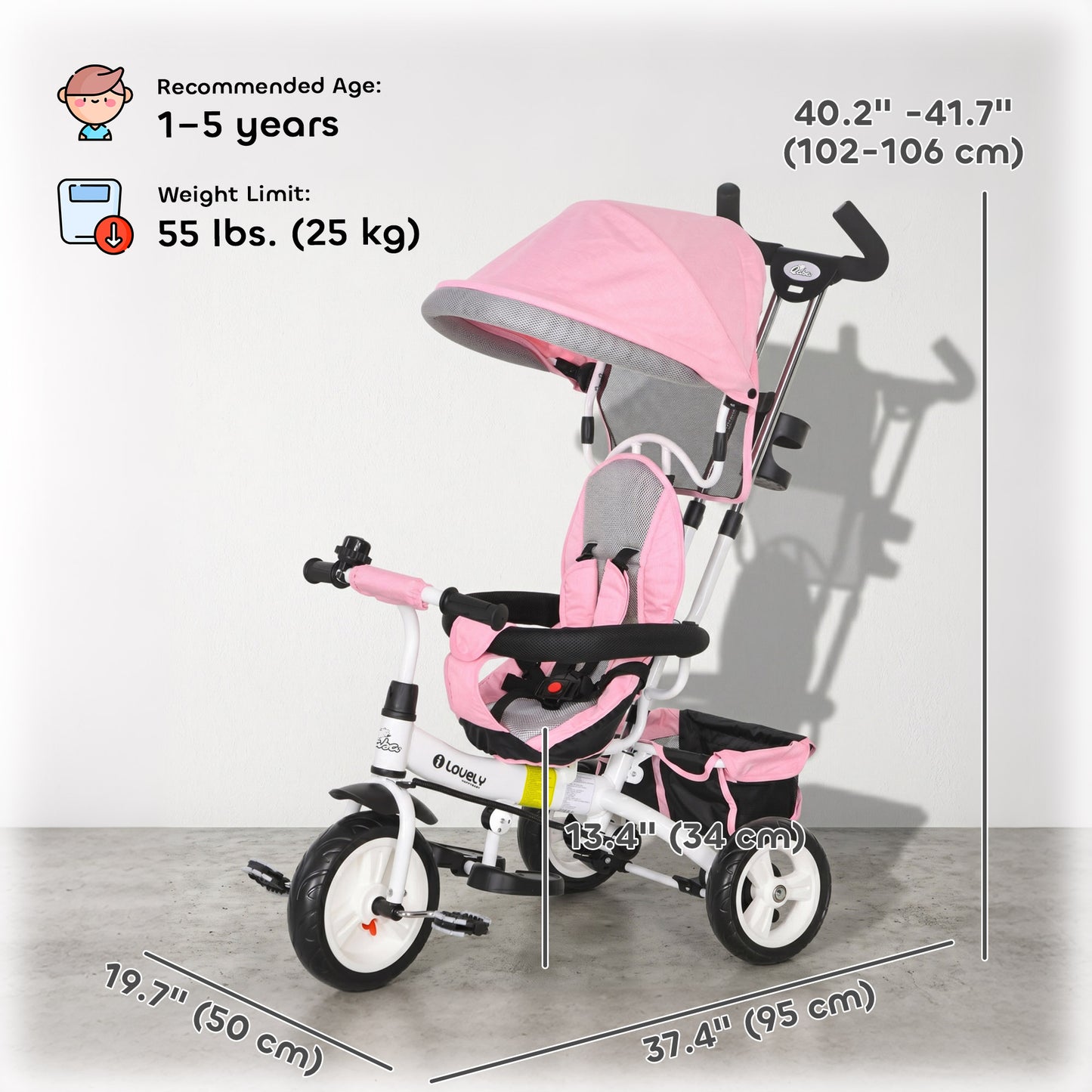Qaba 6 in 1 Toddler Tricycle Stroller with Basket, Canopy, 5-point Safety Harness, for 12-60 Months, Pink