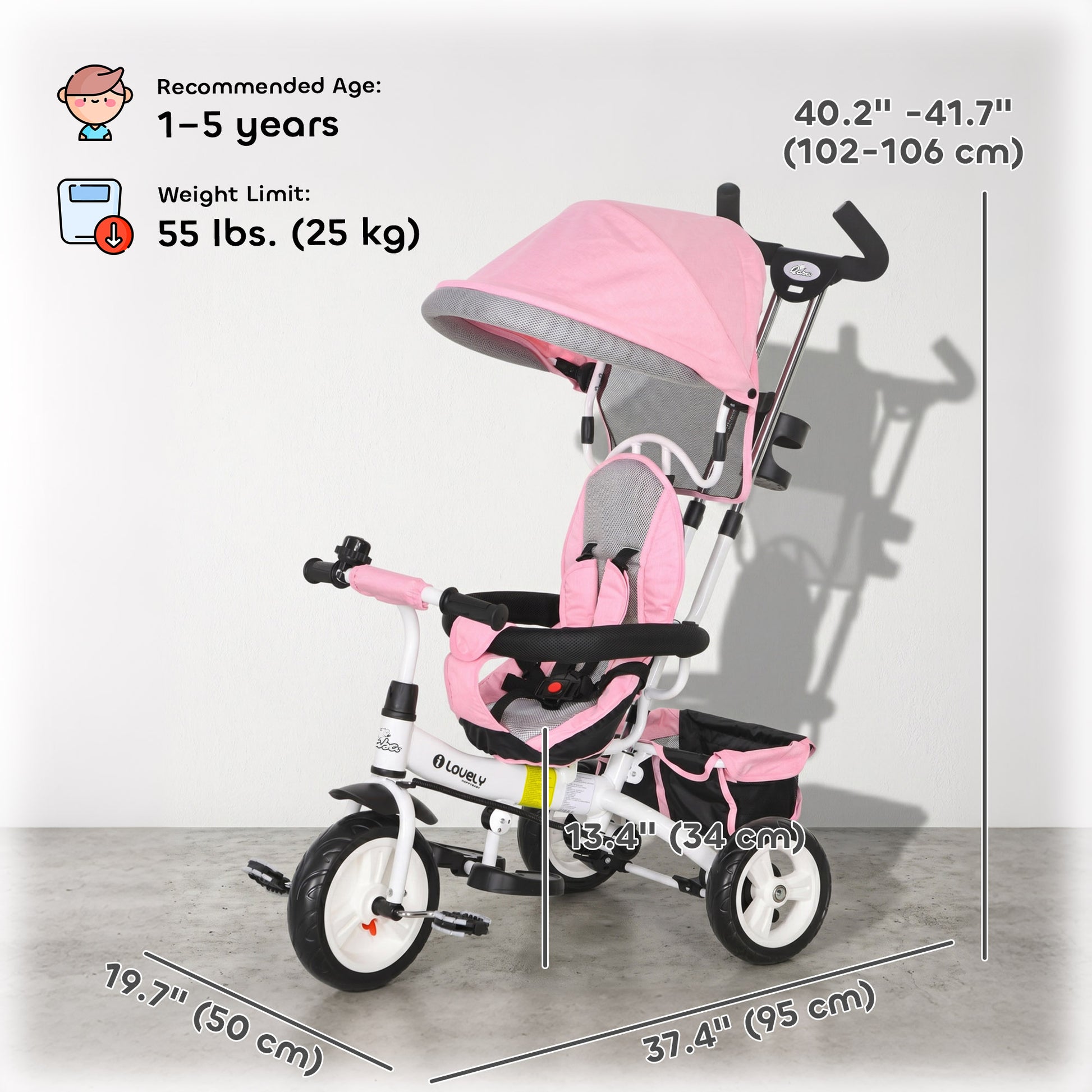 Qaba 6 in 1 Toddler Tricycle Stroller with Basket, Canopy, 5-point Safety Harness, for 12-60 Months, Pink