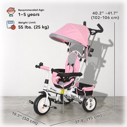 Qaba 6 in 1 Toddler Tricycle Stroller with Basket, Canopy, 5-point Safety Harness, for 12-60 Months, Pink