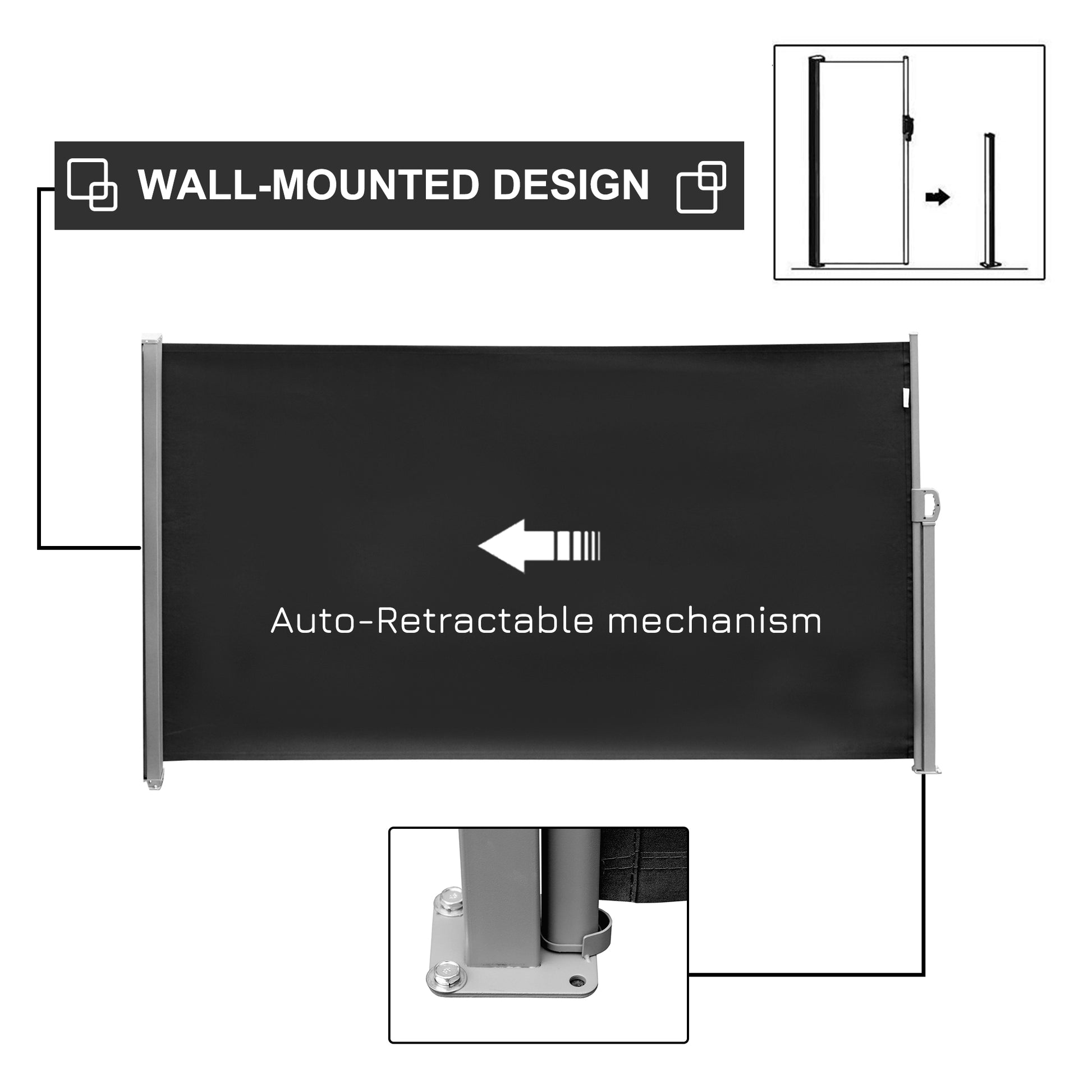 118" x 71" Outdoor Folding Privacy Screen Retractable Side Awning Patio with Resistance to UV Rays and Wind Black