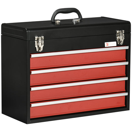 15.6" Tall Portable Metal Tool Box with Metal Latch Closure, 4 Drawer Lockable Tool Chest with Ball-bearing Slider for Garage, Household and Warehouse, Red