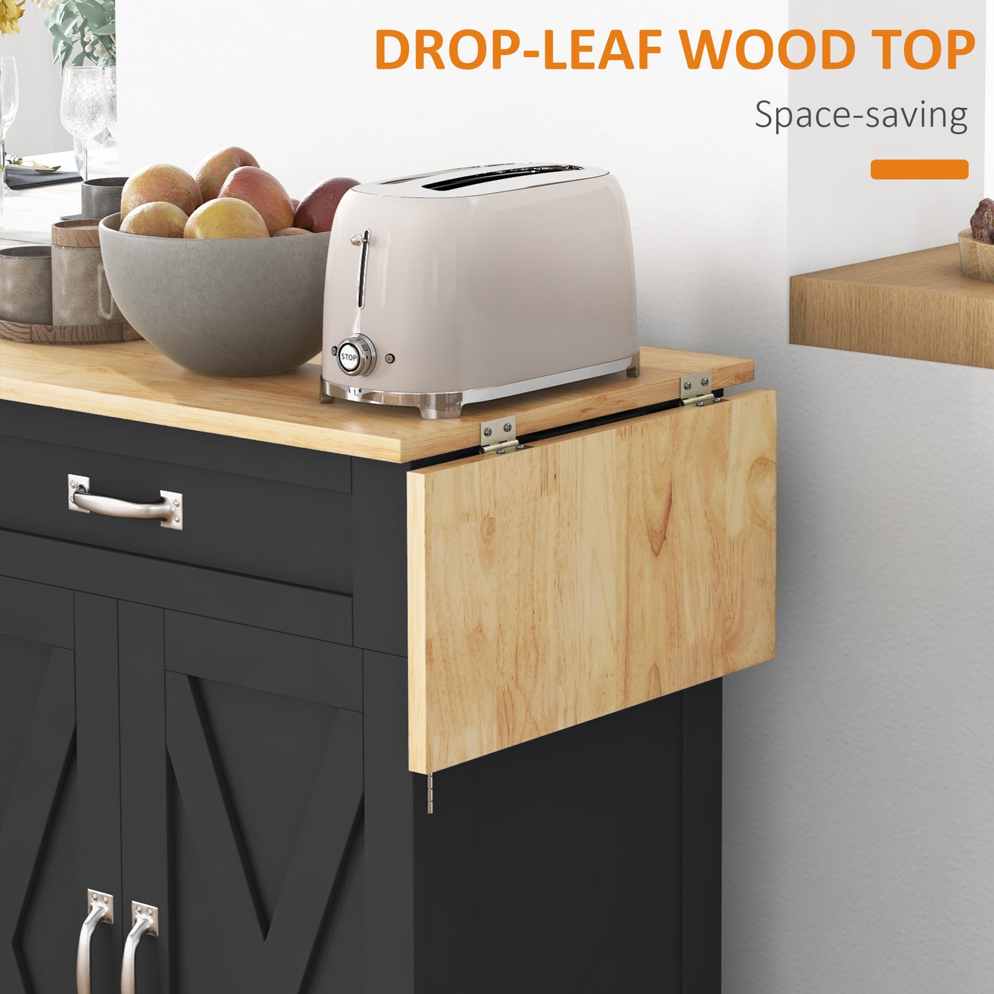 Foldable Kitchen Island with Storage Drawer, Farmhouse Rolling Utility Cart on Wheels with Drop-Leaf Wood Top, Black