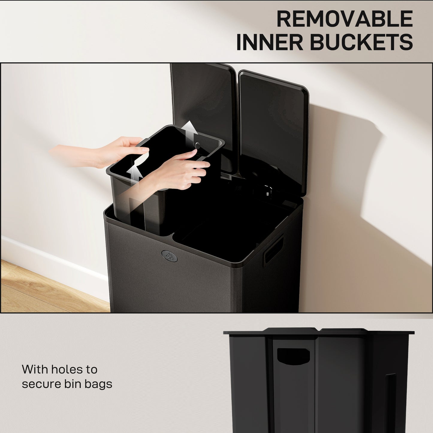 Dual Garbage Bin, Soft-Close Trash Can with Foot Pedal, 2 x 28 Liter Garbage Can with Removable Inner Buckets, Black