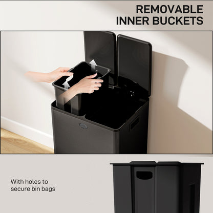 Dual Garbage Bin, Soft-Close Trash Can with Foot Pedal, 2 x 28 Liter Garbage Can with Removable Inner Buckets, Black