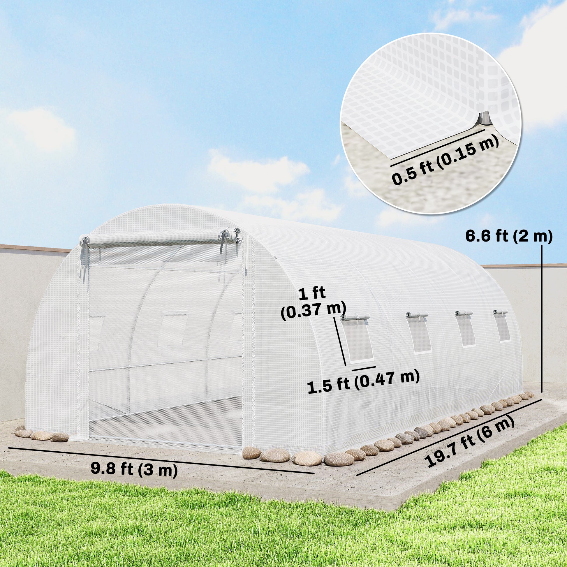 Walk-in Tunnel Greenhouse with 2 Support Rods, Mesh Door, Plant Hot House with PE Cover, 20'x10'x7', White