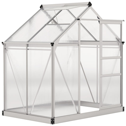 6' x 4' x 6.6' Polycarbonate Greenhouse, Walk-In Green House Kit Garden, Plants Grow, Galvanized Sheet Aluminum Frame with Rain Gutter, Vent and Sliding Door, Silver