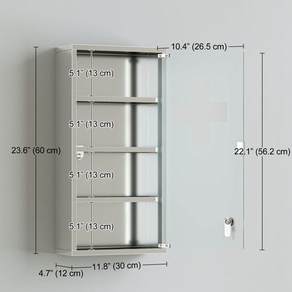 Wall Mount Medicine Cabinet, Bathroom Cabinet with 3 Tier Shelves, Stainless Steel Frame and Glass Door, Lockable with 2 Keys, Silver, 12" x 23.5"