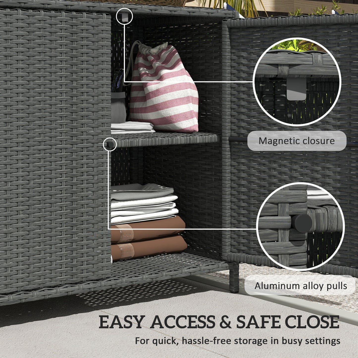 Wicker Outdoor Storage Cabinet Double Magnetic Doors, PE Rattan Outdoor Towel Rack for Pool, Patio, Dark Grey