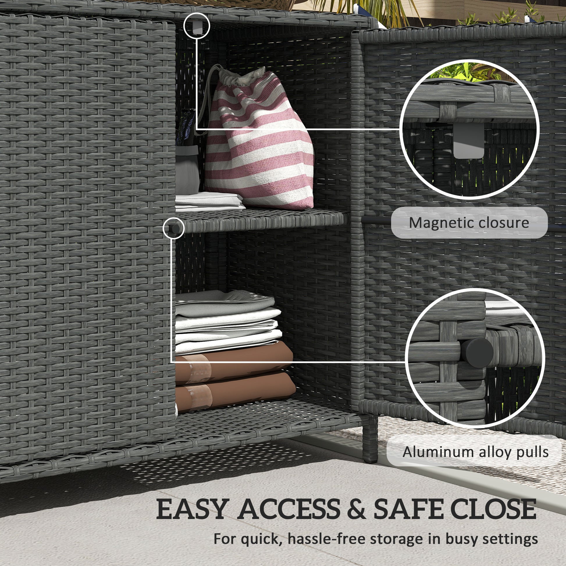 Wicker Outdoor Storage Cabinet Double Magnetic Doors, PE Rattan Outdoor Towel Rack for Pool, Patio, Dark Grey