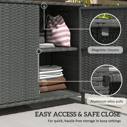 Wicker Outdoor Storage Cabinet Double Magnetic Doors, PE Rattan Outdoor Towel Rack for Pool, Patio, Dark Grey